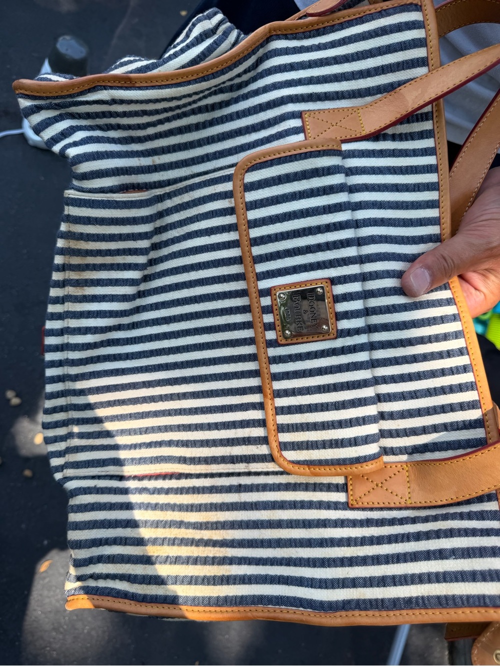 Dooney & Bourke vintage Striped Navy and White Canvas diaper bag with Tan Trim